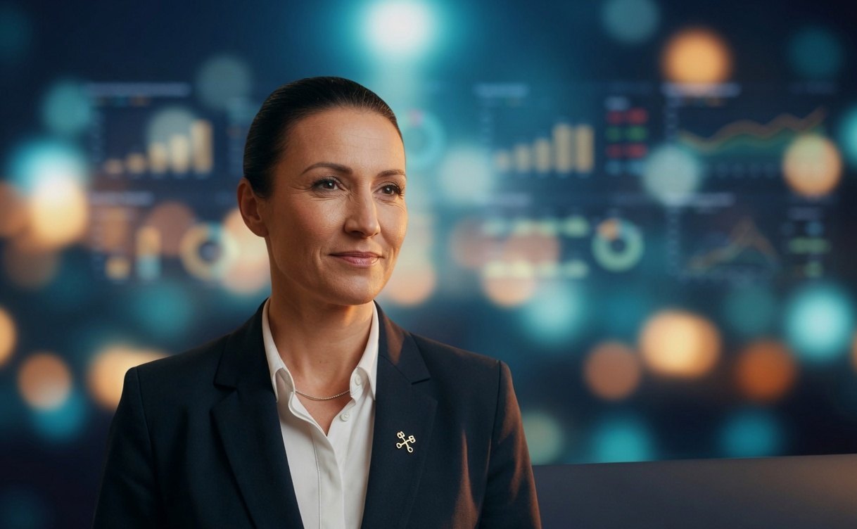 A security manager, confident, with a dashboard soft behind her