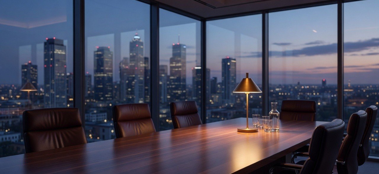 A board table set for a meeting, with the city beyond the windows